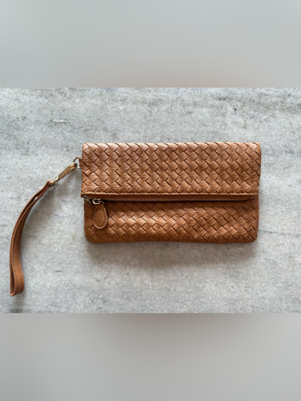 Woven Leather Wristlet Clutch in Tan